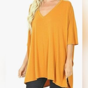 Zenana PREMIUM OVERSIZED V NECK CENTER BAND PONCHO MUSTARD colored